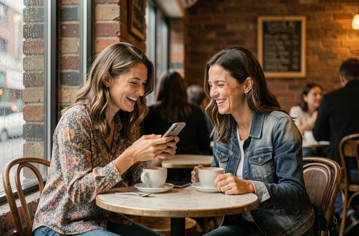 Deux mamans solos partageant un moment de complicité dans un café autour d'un téléphone, évoquant la solidarité et le soutien des communautés de parents solos en ligne