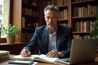 Homme professionnel dans la quarantaine travaillant dans un bureau parisien raffiné entouré de livres