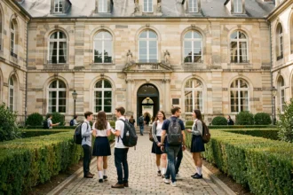 Cour intérieure d'une école privée en Loire-Atlantique avec des élèves en uniforme et une façade en pierre traditionnelle