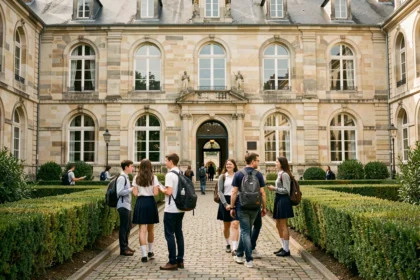 Cour intérieure d'une école privée en Loire-Atlantique avec des élèves en uniforme et une façade en pierre traditionnelle
