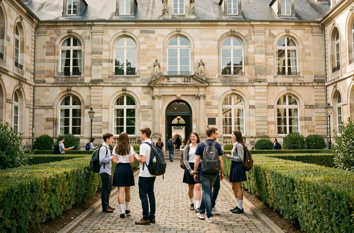 Cour intérieure d'une école privée en Loire-Atlantique avec des élèves en uniforme et une façade en pierre traditionnelle