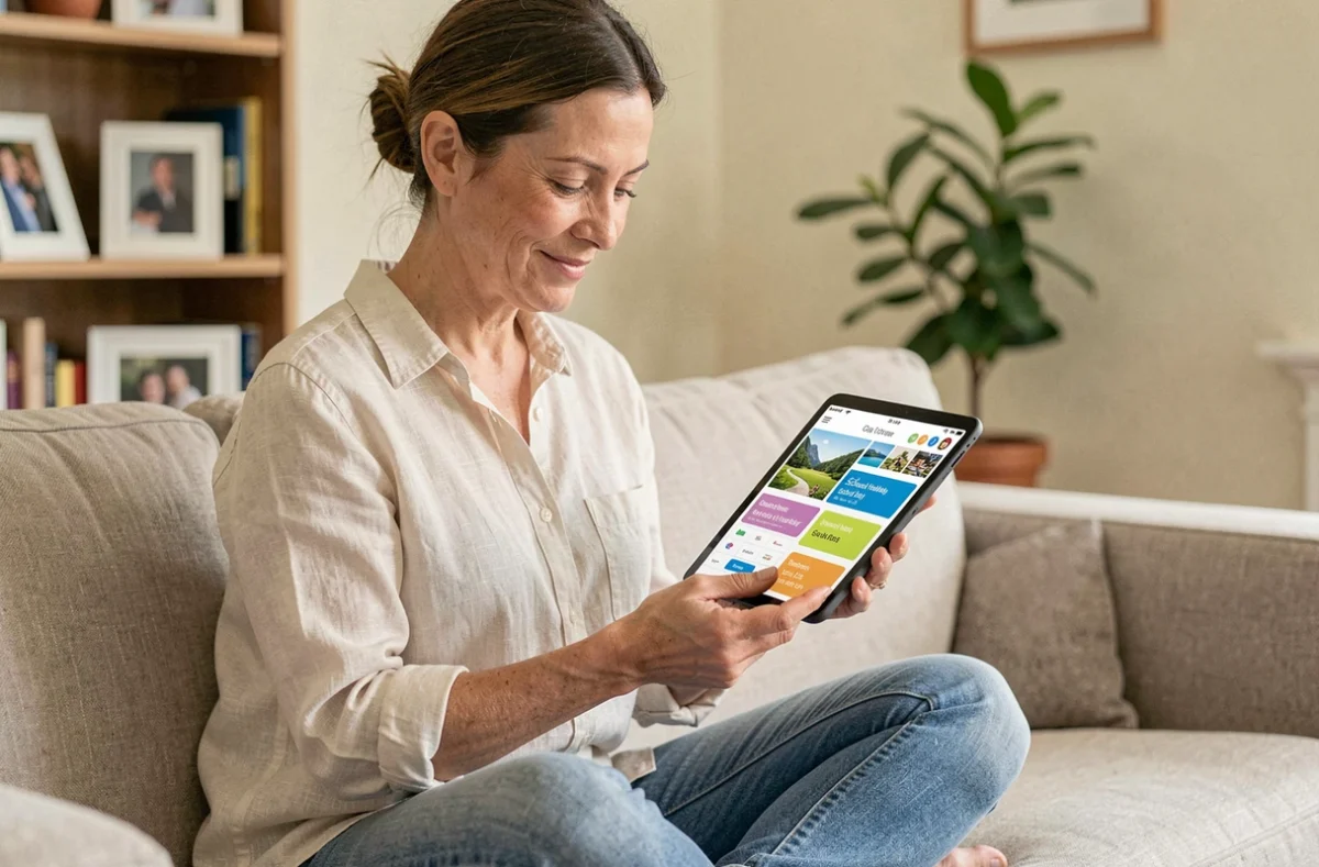 Une mère consulte une application de planification de vacances scolaires sur une tablette, assise confortablement dans son salon