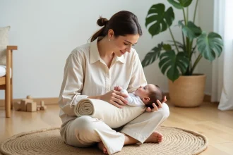 Mère soutenant son bébé en position semi-assise sur le sol d'un salon cosy, respectant le développement naturel de son enfant