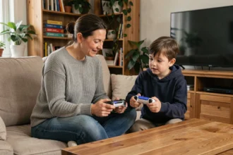 Mère et enfant discutant des règles de temps d'écran autour d'une manette PS5 dans un salon familial