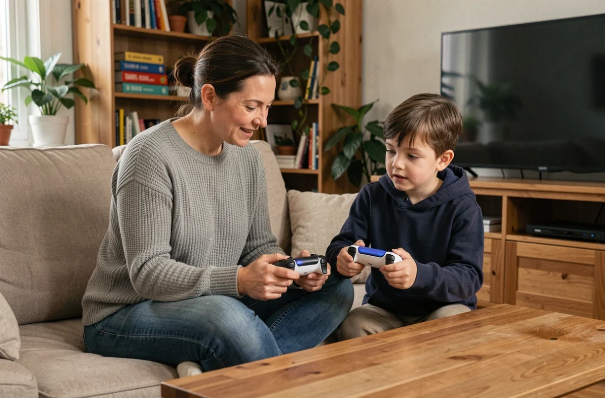 Mère et enfant discutant des règles de temps d'écran autour d'une manette PS5 dans un salon familial