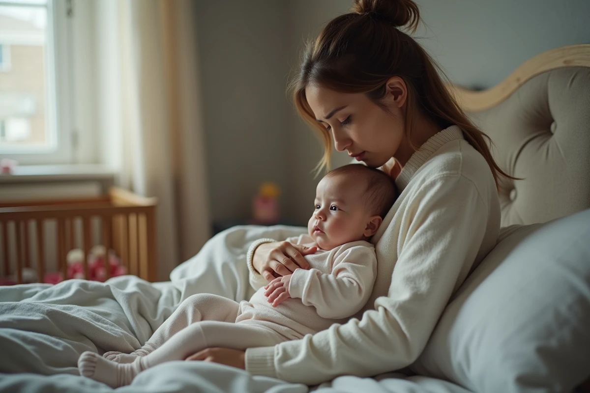 Mère fatiguée tenant son bébé dans la chambre