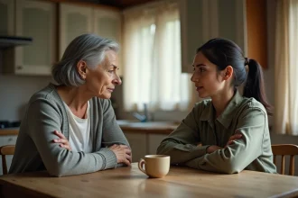 Mère et fille adulte face à face à une table en bois, tentant une conversation difficile et chargée d'émotions