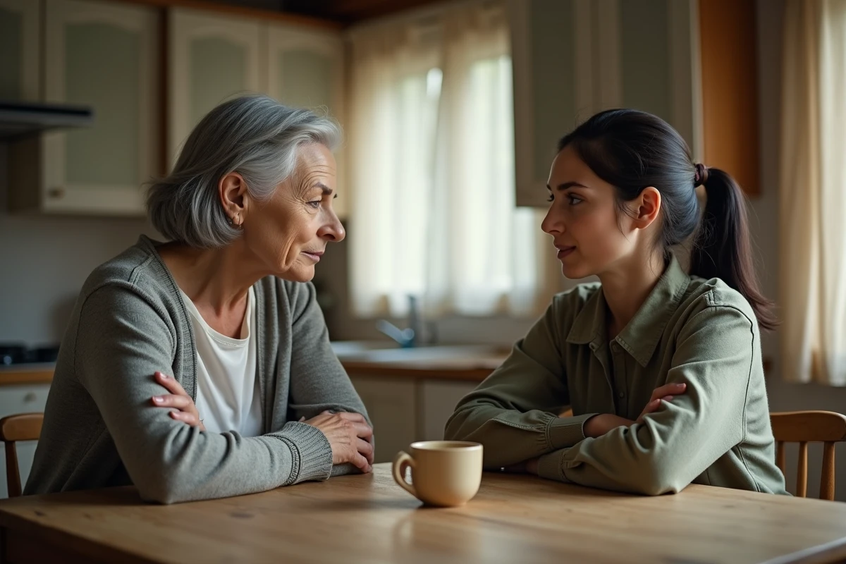 Mère et fille adulte face à face à une table en bois, tentant une conversation difficile et chargée d'émotions