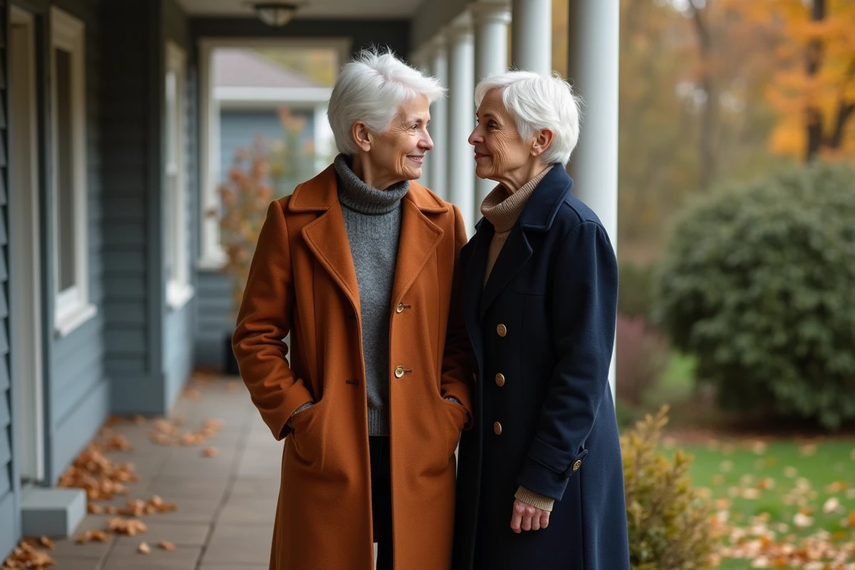 Mère âgée et fille adulte debout sur un porche en automne, distance émotionnelle visible entre elles malgré leur proximité physique