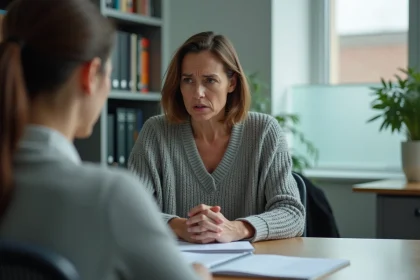 Mère inquiète discutant de la réorientation scolaire de son fils avec un conseiller dans un bureau d'école