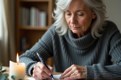 Femme rédigeant un message de condoléances à la main près d'une bougie blanche de deuil