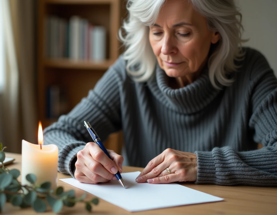 Femme rédigeant un message de condoléances à la main près d'une bougie blanche de deuil