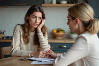 Deux femmes discutant d'un contrat de garde d'enfants à domicile autour d'une table de cuisine, avec un document manuscrit visible, illustrant la négociation d'un tarif nounou au black