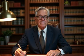 Notaire en costume marine relisant un testament dans son bureau avec des étagères juridiques en arrière-plan