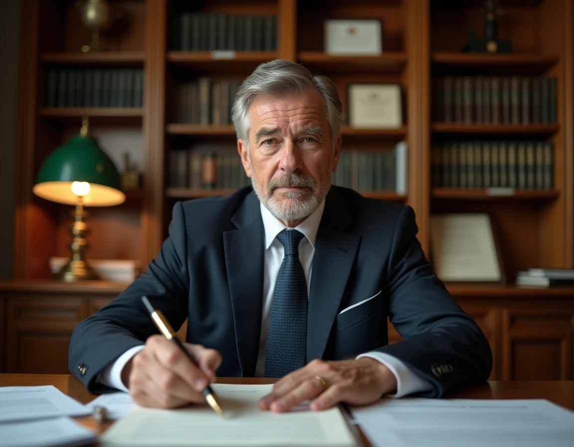 Notaire en costume marine examinant un dossier de succession sur un bureau en chêne dans un cabinet notarial
