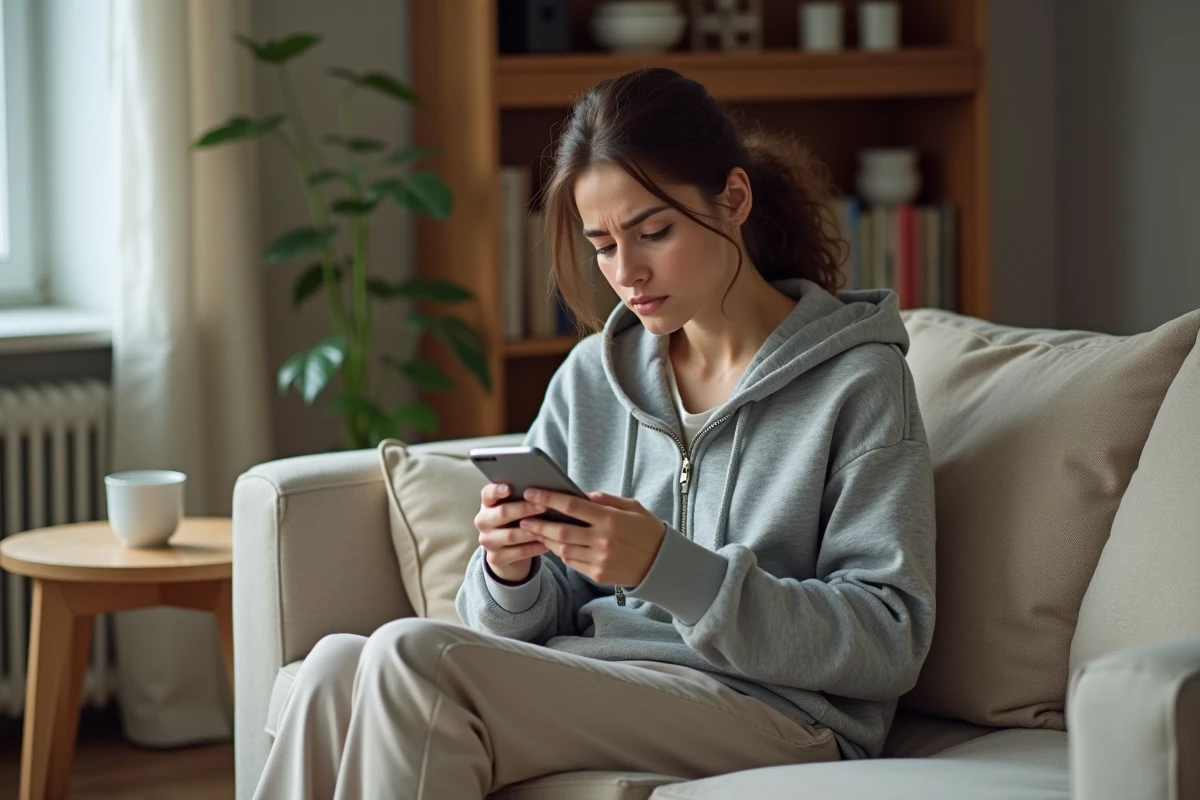 Jeune femme préoccupée regardant son téléphone dans un salon, évoquant les signaux d'alerte liés à une proposition de travail de nounou non déclarée