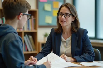 Conseillère scolaire accompagnant un adolescent dans les démarches d'orientation vers une école spécialisée