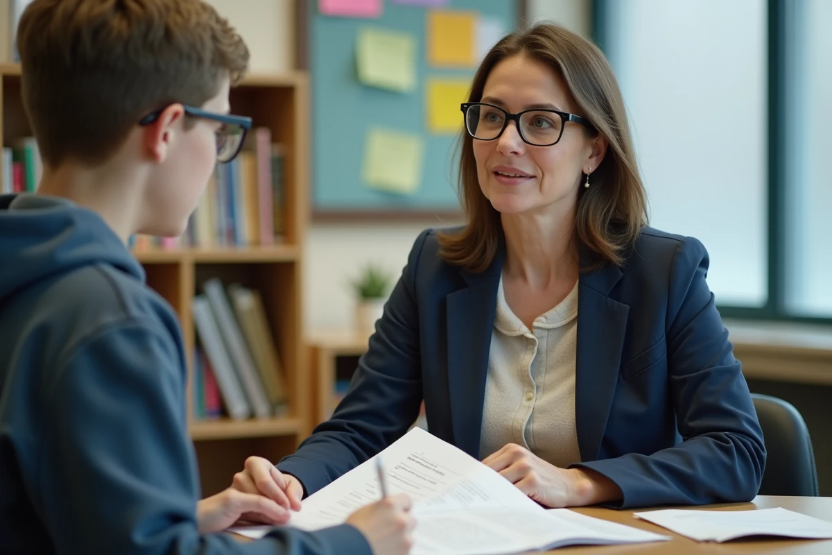 Conseillère scolaire accompagnant un adolescent dans les démarches d'orientation vers une école spécialisée