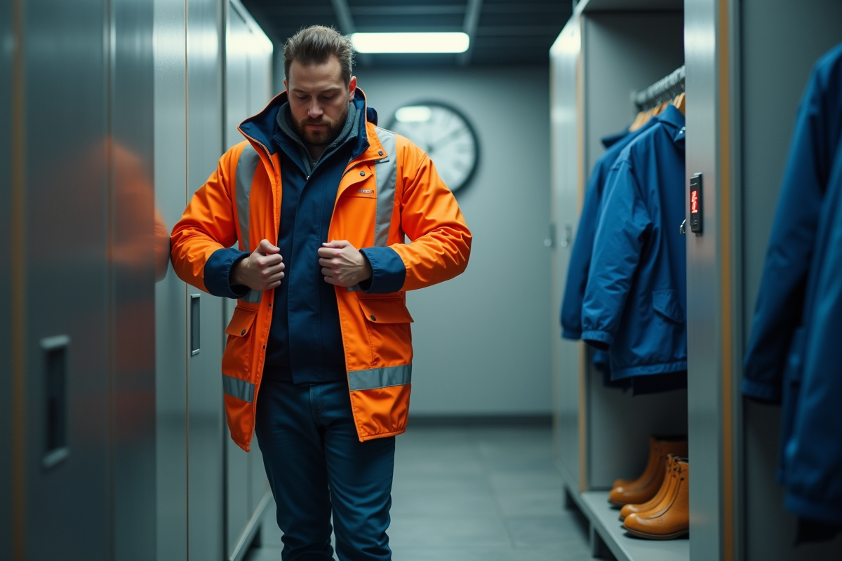 Ouvrier ajustant sa veste de sécurité dans un espace moderne