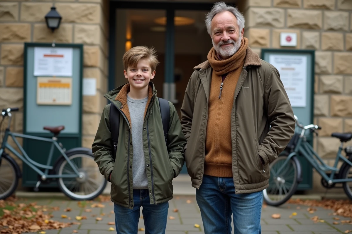 Père et fils devant l école avec panneau d affichage