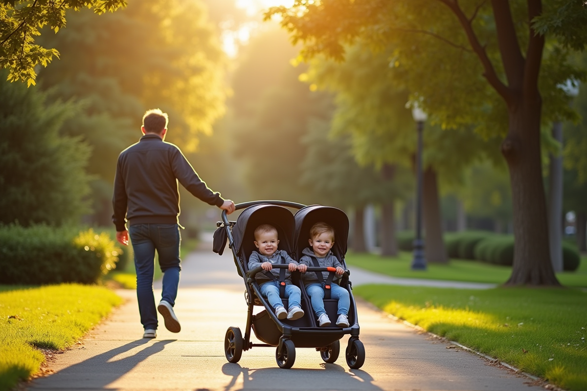 Pere marchant dans un parc avec deux bébés en poussette
