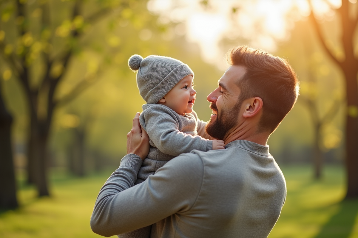 Papa tient son bébé dehors lors d