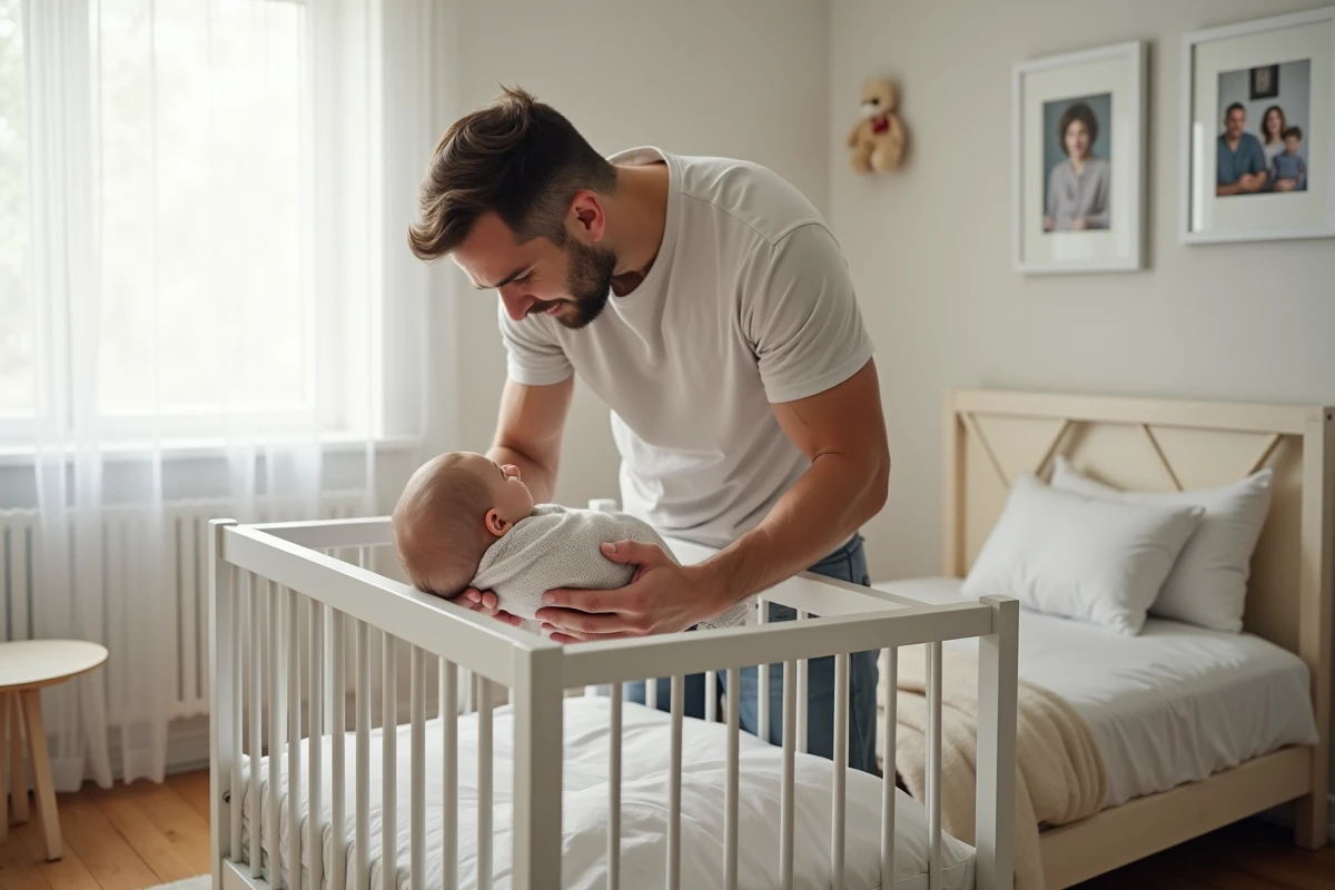 Pere calme plaçant son enfant dans un lit pour la première fois