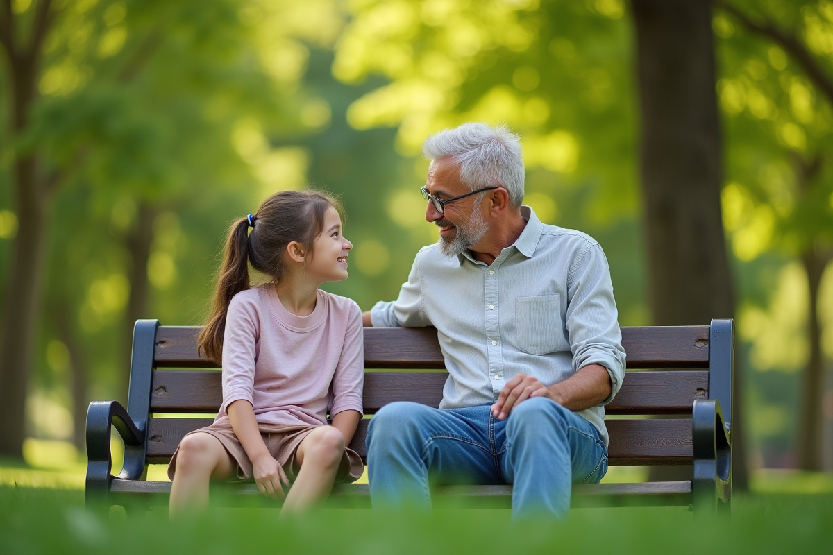 Père et fille assis sur un banc dans un parc ensoleille