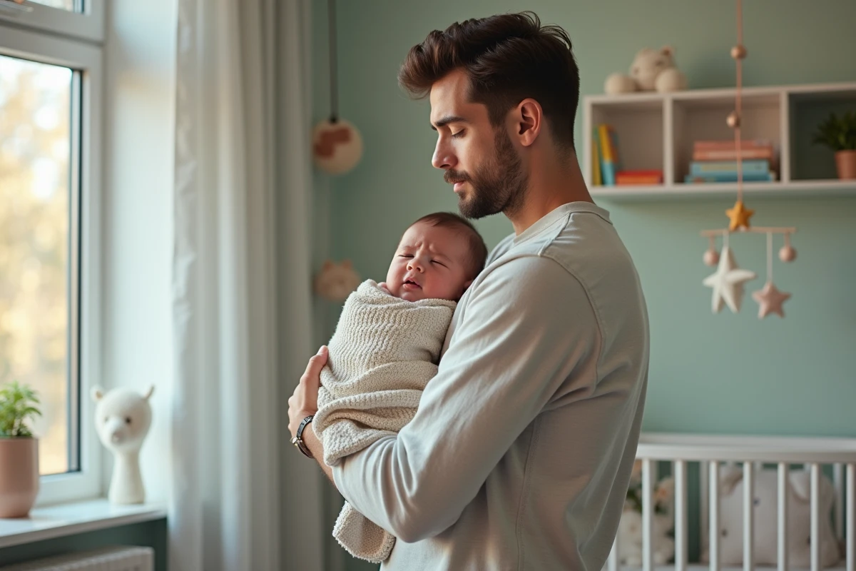 Père inquiet tenant son bébé dans la nurserie