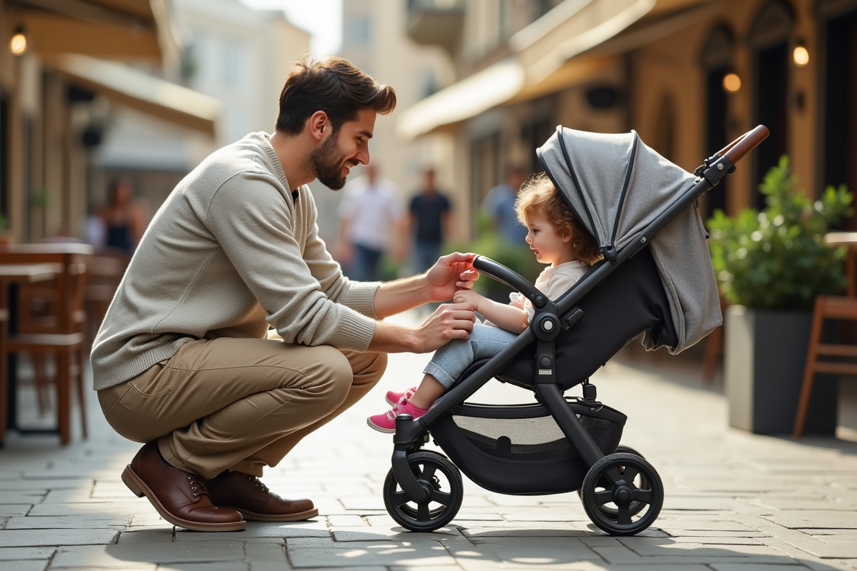 Père ajustant la ceinture de la poussette pour sa fille