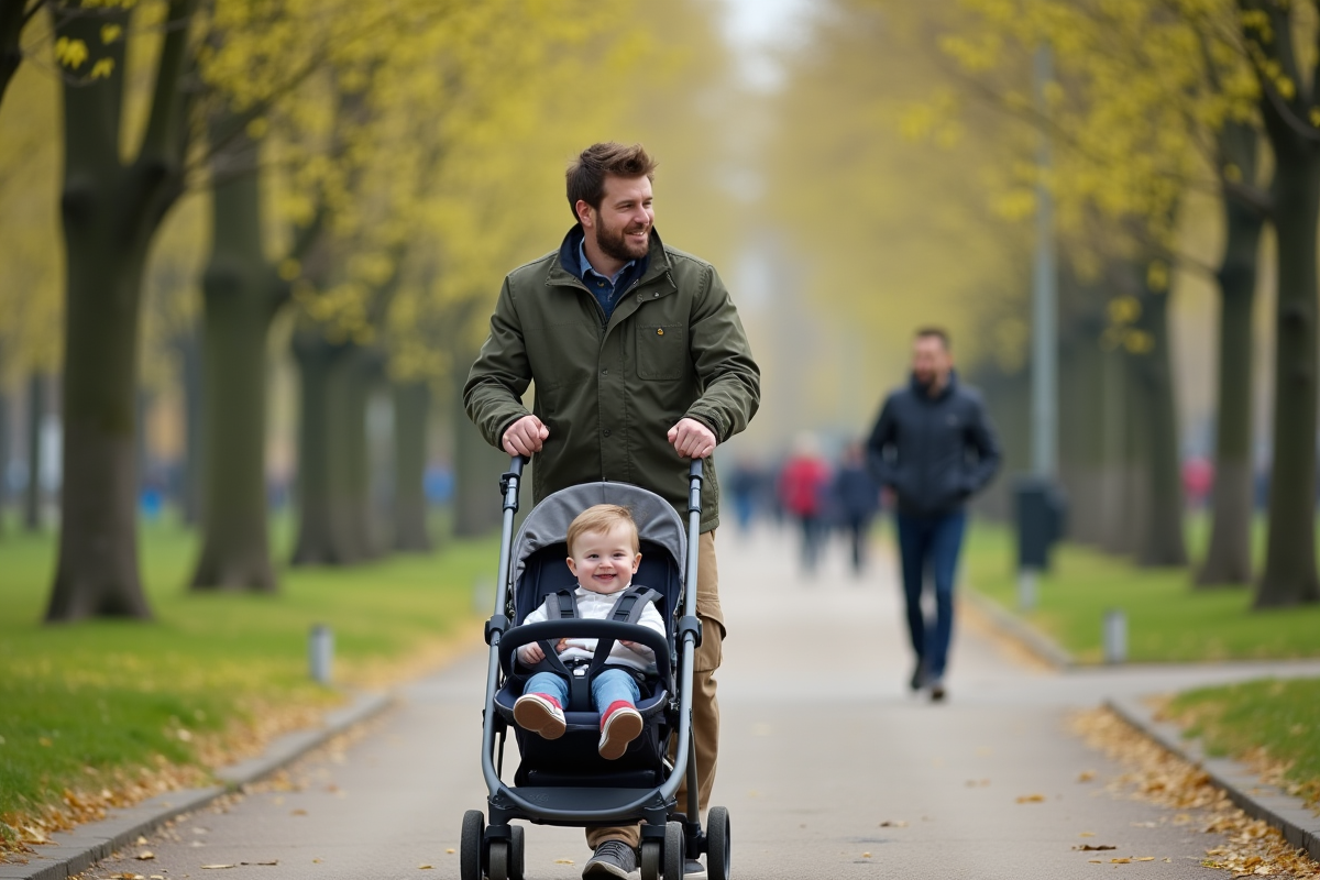 Papa souriant poussant un bébé dans un parc en plein air