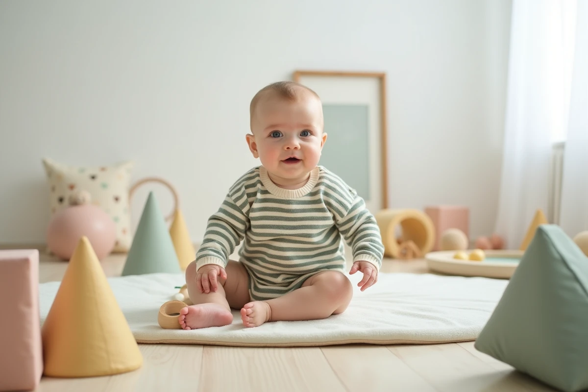 Bébé de 8 mois assis sur un parcours de motricité avec des obstacles en mousse douce et un jouet en bois