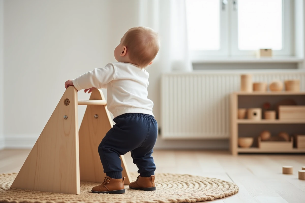 Bébé de 11 mois debout contre un triangle de motricité en bois dans une salle de jeux aménagée à la montessori
