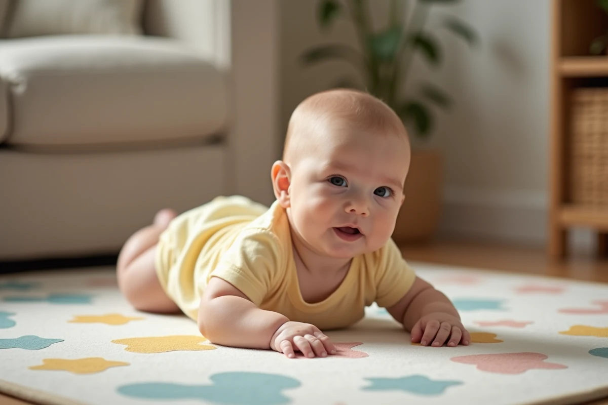 Bébé de 4 mois en position de tummy time sur un tapis d'éveil coloré pour développer sa motricité