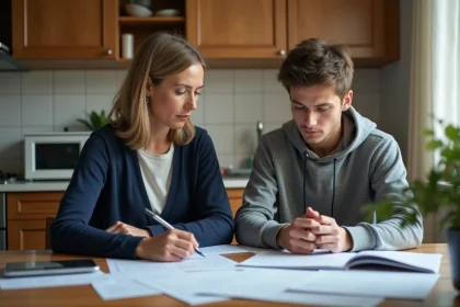 Mère célibataire et son fils majeur examinant des documents administratifs à la table de cuisine