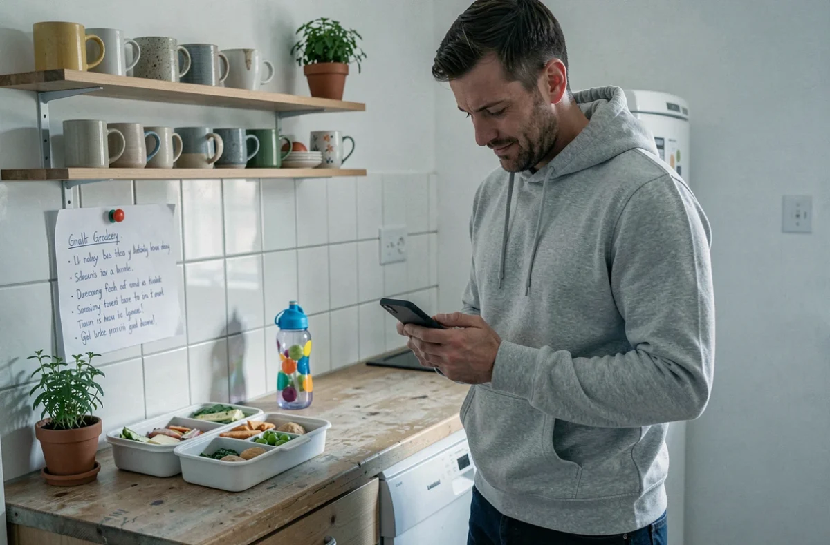Parent solo masculin consultant son téléphone dans une cuisine d'appartement avec une boîte à lunch préparée, symbole du quotidien des familles monoparentales