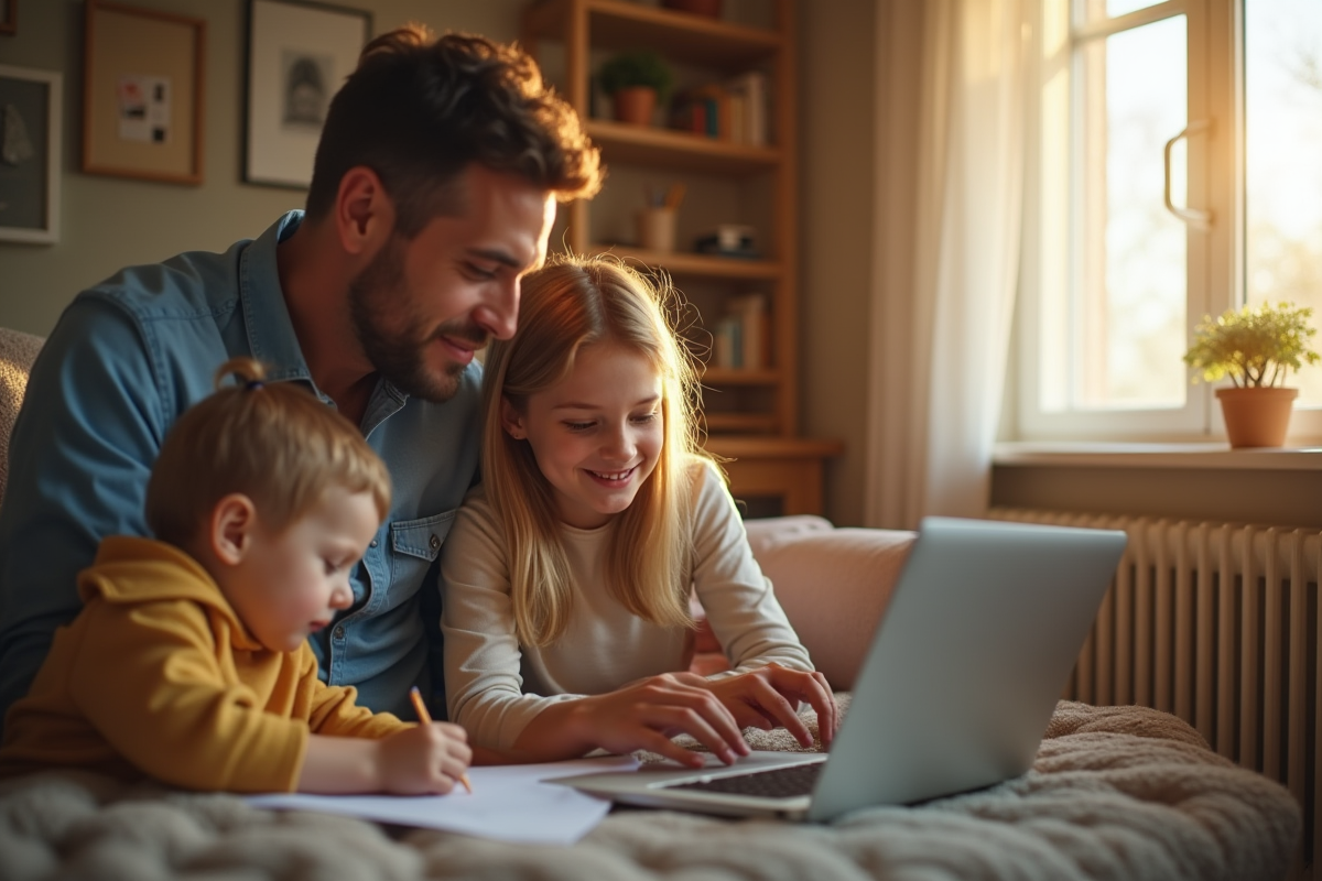 Parents lisant ensemble sur un ordinateur à la maison avec un enfant dessinant