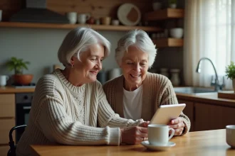 Une femme âgée et sa fille adulte partagent un compte de liste de souhaits en ligne sur une tablette dans une cuisine chaleureuse