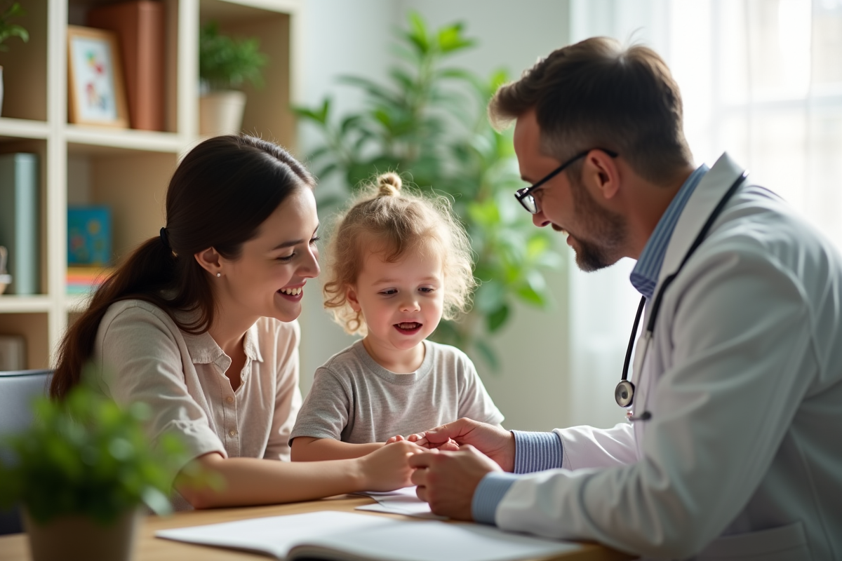 Pediatre parle avec un enfant et son parent dans un cabinet lumineux
