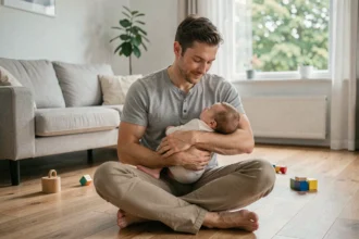 Père en congé parental tenant son nourrisson endormi dans un appartement moderne au sol en bois clair