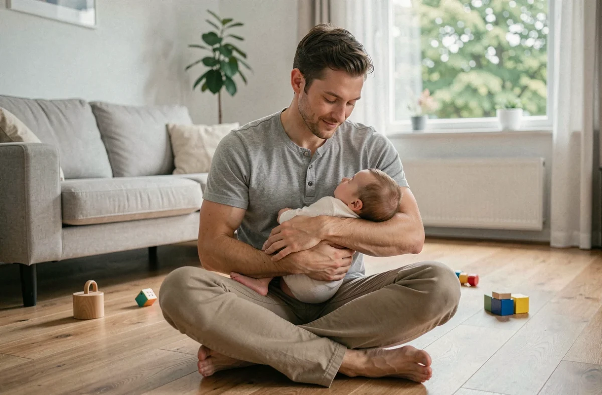 Père en congé parental tenant son nourrisson endormi dans un appartement moderne au sol en bois clair