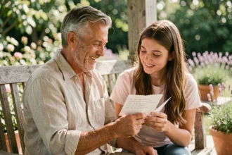 Un père ému écoute sa fille lui lire un poème lors de la fête des pères dans un jardin