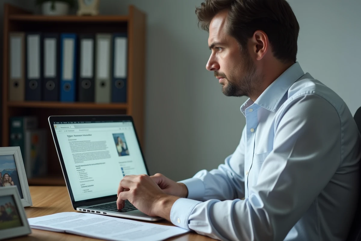 Père célibataire consultant des informations juridiques en ligne sur le statut de parent isolé avec enfant majeur à charge