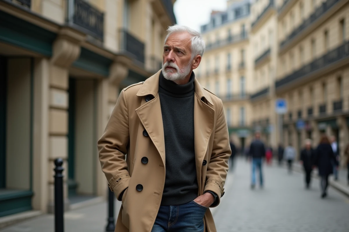 Homme en trench coat marchant dans une rue parisienne avec une expression discrète, évoquant la vie privée préservée d'une personnalité médiatique