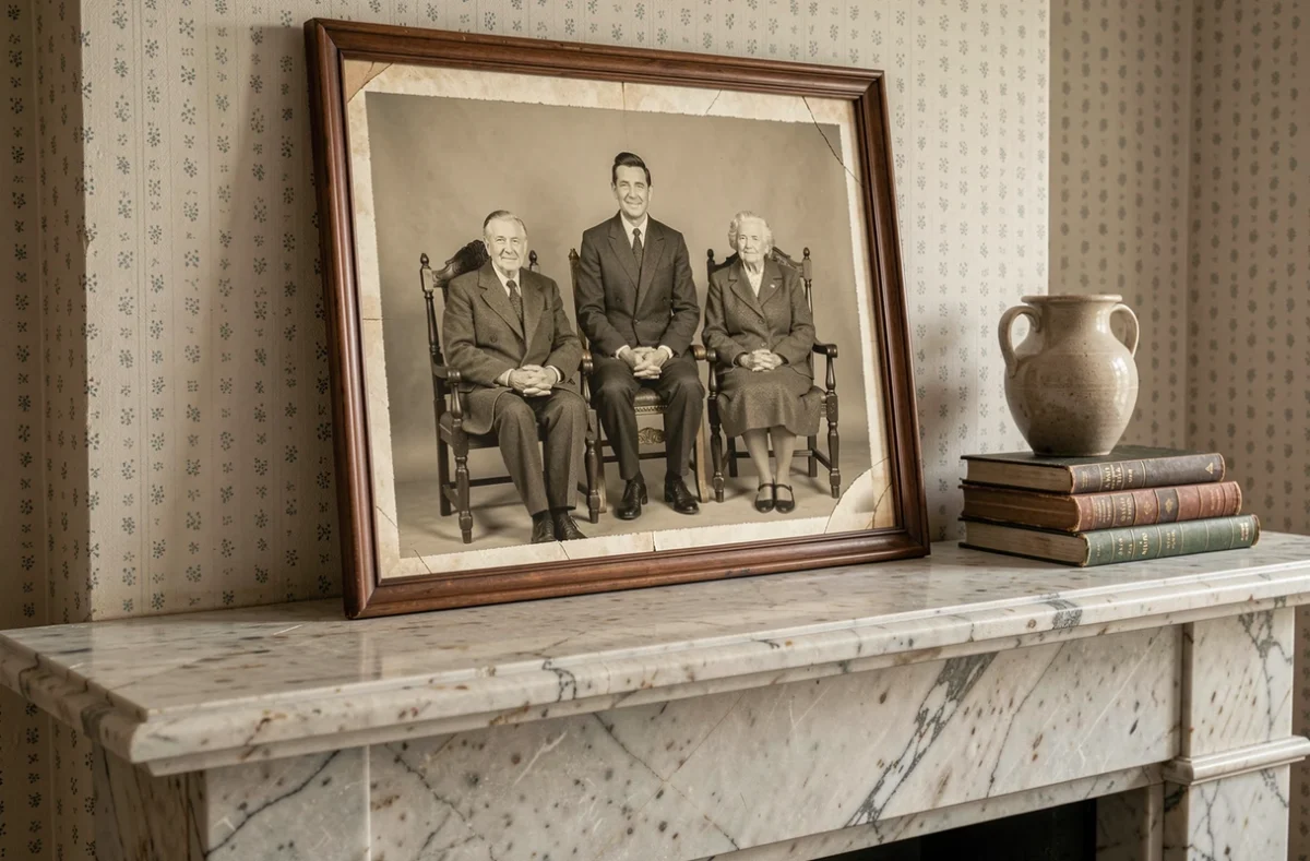 Photographie de famille vintage encadrée posée sur un manteau de cheminée en marbre, évoquant les origines familiales européennes