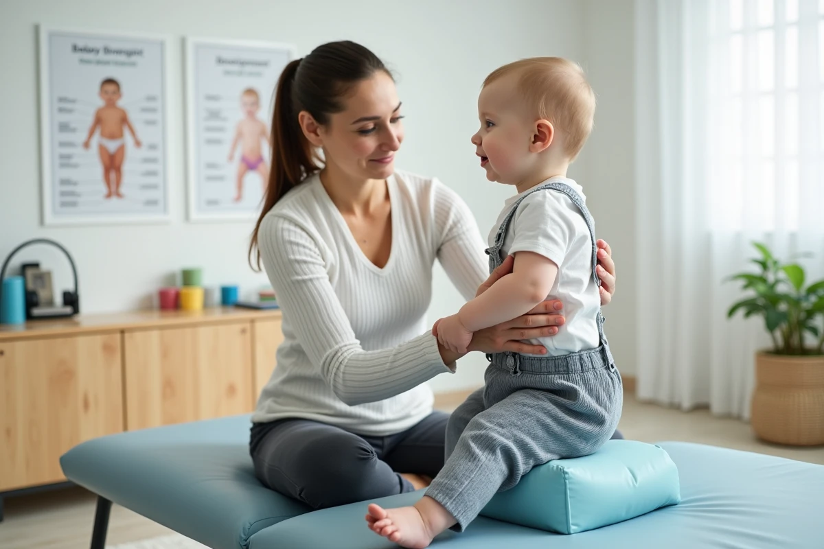 Physiothérapeute pédiatrique guidant un bébé vers la position assise soutenue lors d'une consultation, illustrant un accompagnement professionnel respectueux du rythme de l'enfant