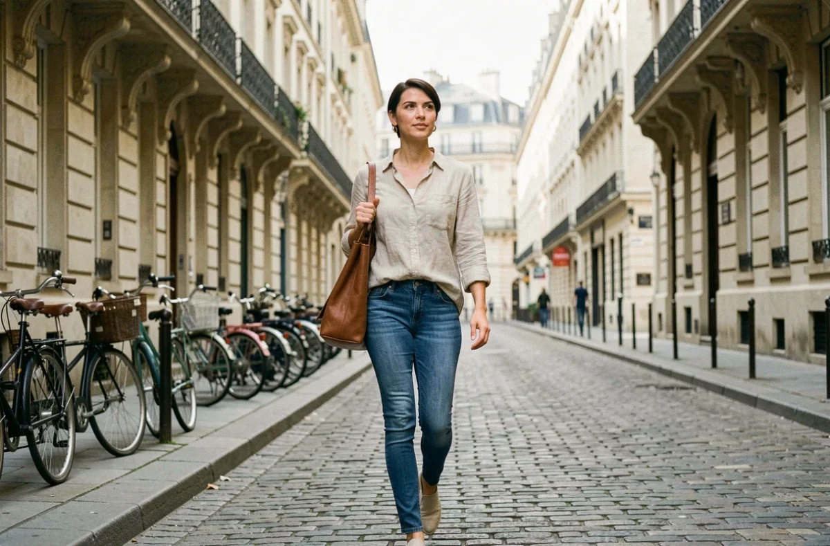 Femme marchant dans une rue parisienne haussmannienne, illustration d'un portrait éditorial sur les rumeurs et la vie privée d'une personnalité