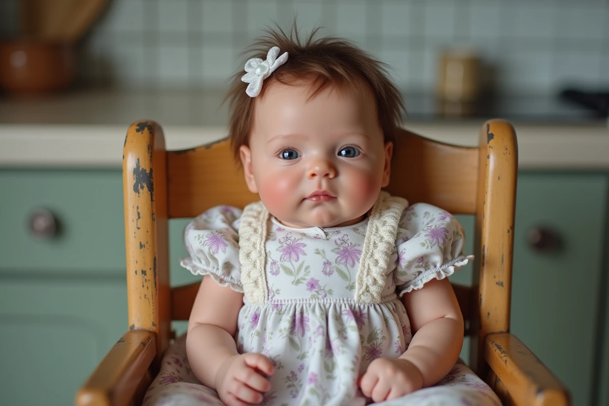 Poupée reborn fille réaliste en robe fleurie assise dans une chaise haute en bois vintage, décor cuisine domestique authentique