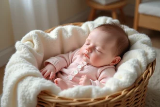 Poupée reborn fille réaliste dans un couffin en osier, habillée d'une barboteuse rose tricotée, avec des traits peints à la main très détaillés