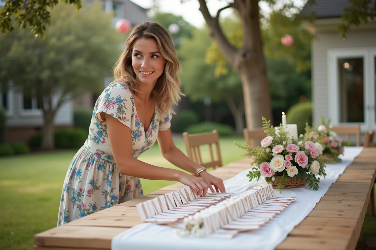 Jeune femme arrangeant des cartes de nom sur une table extérieure
